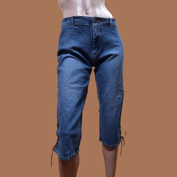 Vintage 90s Lace Up Capri Jeans Size M US 9 No Back Pockets Mid Rise - Picture 1 of 9